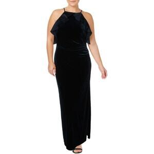 Ralph Lauren Dark Blue Velvet Ruffle Halter Gown Side Split Maxi‎ Dress Size 14